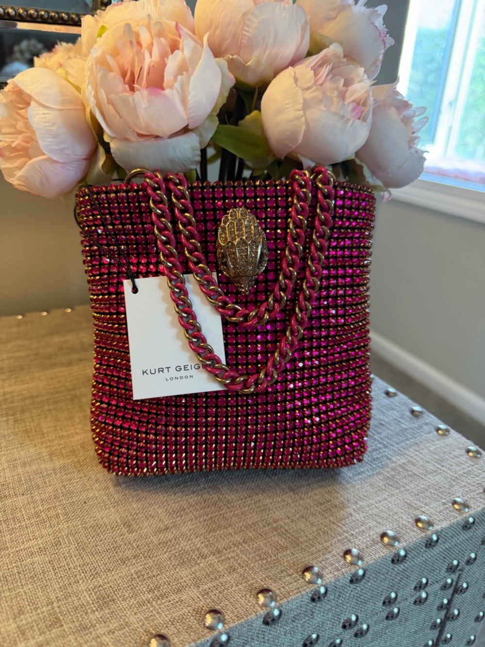 NWT Kurt Geiger Showstopper Pink Crystal Embellished Mini Tote Gold Double Chain - Picture 4 of 10